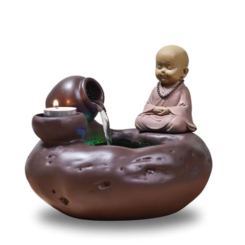 Fontaine d’Intérieur Nature Jarre Statue Bouddha Amovible Lumière LED Coloré, Décoration Table Bureau Salon, Bougeoir, Déco Vivant en Mouvement, 22x17x19cm –...