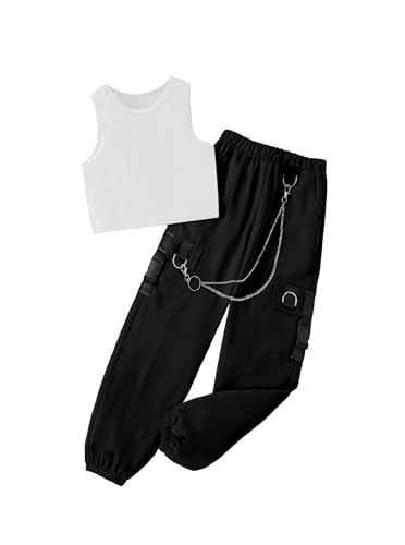 Image of Girls 2 Piece Outfit Set for Tween Girls, Sleeveless Crop Tank Top & Cargo Pants Jogger Set