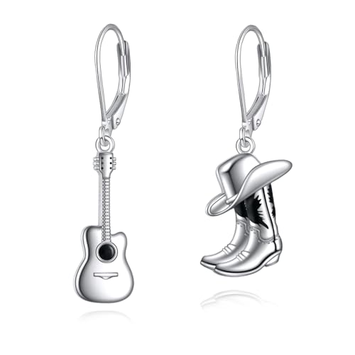 TIGER RIDER Cowboy Earrings 925 Sterling Silver Cowboy Boots Hat Guitar Dangle Earrings Jewelry for Women men - Main Image