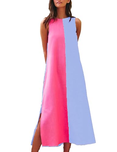 Image of Zontroldy Summer Casual Dress for Women Long Sleeveless Crewneck Dresses Color Block Side Slit Beach Vacation Dress