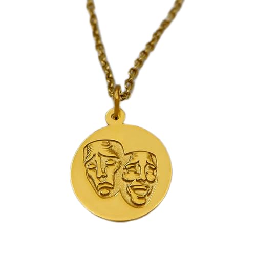Colgante de máscara de teatro L_01953 de plata y baño de oro con grabado único