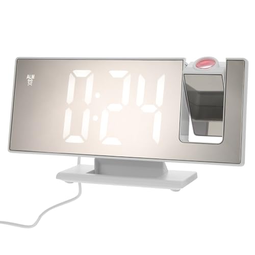 Cabilock Reloj despertador digital inteligente con proyección de techo, pantalla de espejo silencioso, multifuncional, luz nocturna, compacto, color blanco, reloj electrónico para uso en dormitorio