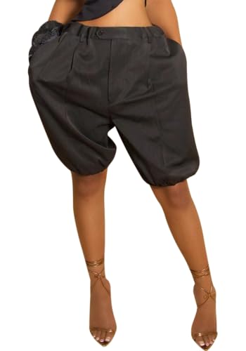 Unybwonn Women's Bubble Bermuda Shorts High Waisted Straight Leg Casual Cargo Baggy Shorts with Pockets Black