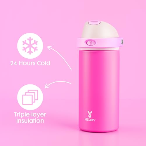 Image of 18 oz Kids Water Bottle for School: Meoky 18 oz Stainless Steel Insulated Water Bottle with 2-in-1 Straw and Spout Lid - Leak Proof, Fits in Car Cup Holder, BPA-Free for Teen Girls, Raspberry Vibes