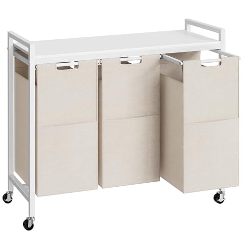 HOOBRO Wäschekorb 3 Fächer, Wäschesammler mit Ablage, Wäschebox, Wäschewagen mit Rollen, 3 x 39,8 L, Wäschesack aus Oxford-Gewebe, Weiß EWG38XY01G1