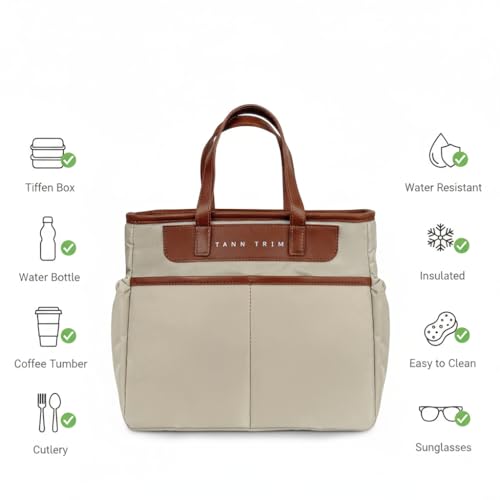 Image of TANN TRIM Beige Insulated Lunch Bag, Reusable and Washable, Office Lunch Bag for Men and Women, Eco-Friendly (Beige)