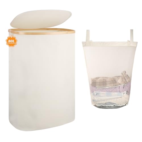 Wäschekorb 80L – Schmaler Wäschesammler aus Bambus mit Deckel, Faltbare Wäschebox/Wäschetonne für Bad & Schlafzimmer, Robuster...