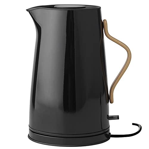 Stelton Wasserkocher Emma - Elektrischer Kocher - Kaffee- & Teekanne, skandinavisch - Filter, Trockenkoch-Sicherheitsschalter mit Abschaltung, Buchenholzgriff - 1,2 Liter, Schwarz, EU-Stecker