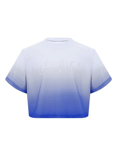 YiZYiF Kids Girls Short Sleeve Crop Dance Top Shiny Gradient Color Summer Workout T-Shirt Tees3