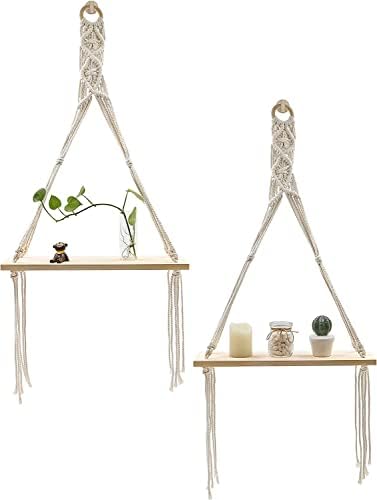 Daruh craft Macrame Hanging Shelves Boho Wall Decor Set of 2 Wood Floating Storage Shelf for Bedroom Bathroom Living Room Nursery Dorm Room, Display Shelving for Hanging Plants Photos