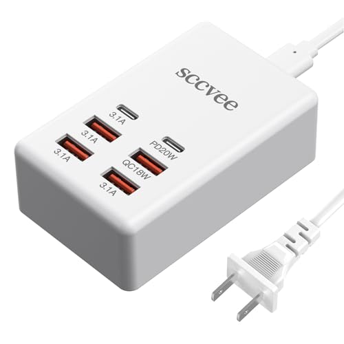 USB C Charger, 55W 6-Port USB Charger Holder Multi-USB Charging Station Desktop Multi-Port USB Charger 2-USB C +4-USB A Compatible with iPhone/Google/Xiaomi/Oppo/Tablet etc.