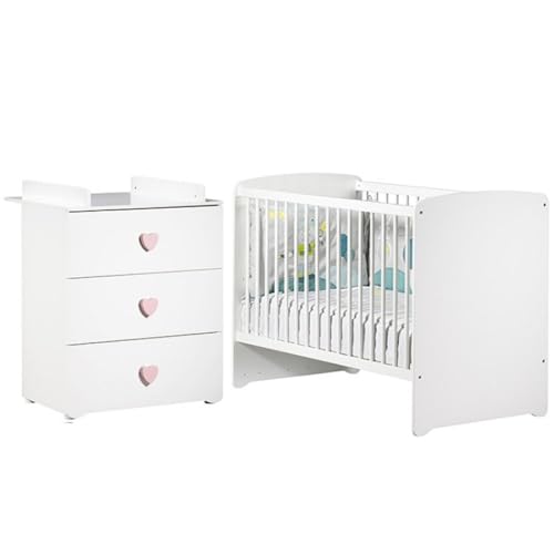 BabyPrice Duo Lit bébé 120x60 cm + Commode à Langer Boutons Coeur Rose Basic | Fabriqué en France by Sauthon