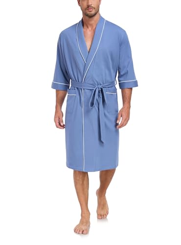 Image of COLORFULLEAF 100% Cotton Men's Bathrobes Summer Kimono Short Sleeve Lightweight Soft Breathable Spa Robe for Men