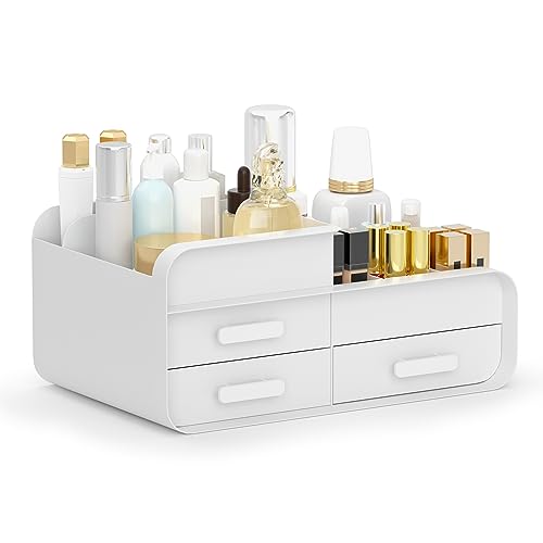 Feibrand Makeup Organiser Cosmetic Storage Box, Make up Organizer for Dressing Table Bathroom, Plastic Cosmetic Organisers with Drawer for Beauty Skincare, White