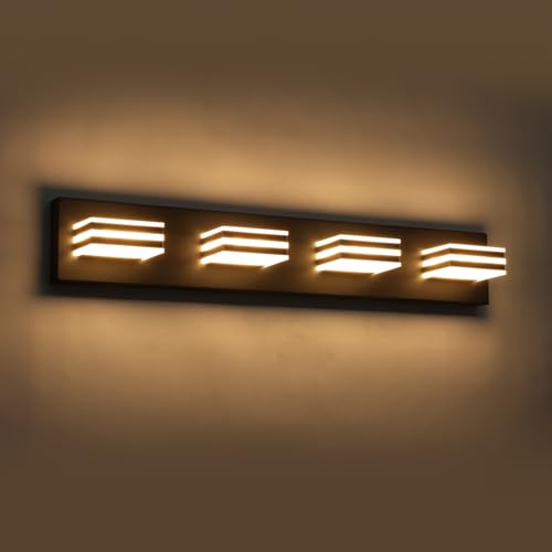Image of 4-Light LED Black Vanity Lights for Bathroom Light Fixtures Adjust 3 Colors Modern Bath Lighing Over Mirror LED Vanity Light 27inch Acrylic Heads