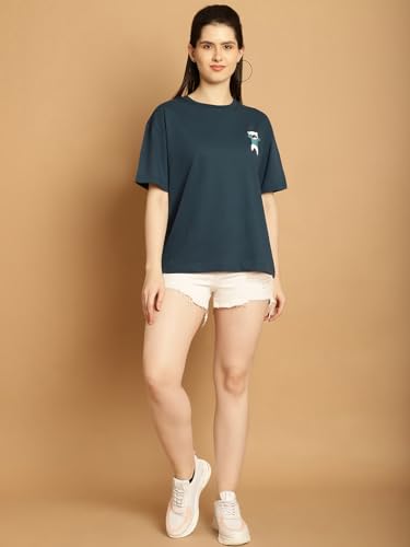 Image of Fabflee Oversized Cotton Baggy Drop Shoulder Graphic Tee with Half Sleeves | Korean Casual Loose T-Shirt for Women