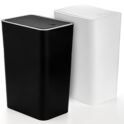 Fasmov Trash Can, 2 Pack 15 Liter / 4 Gallon Plastic Garbage Container Bin with Press Top Lid, Waste Basket for Kitchen, Bathroom, Living Room, Office, Narrow Place (White + Black)