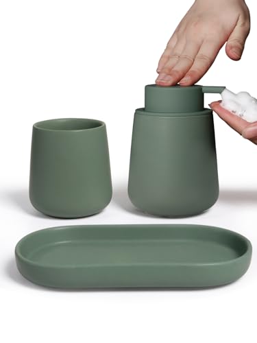 INGOFIN 3 Pcs Ceramic Bathroom Accessory Set - Foam Soap Dispenser, Toothbrush Holder & Tray, Bathroom Counter Set, Countertop Essentials for Home, Guest Bathroom, or Office Use, Matte Green