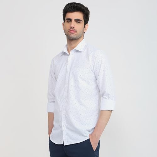 Image of Park Avenue Men Slim Fit Print Pattern Poly Cotton Blend Semi Cutaway Collar Full Sleeve Formal Shirt Blue