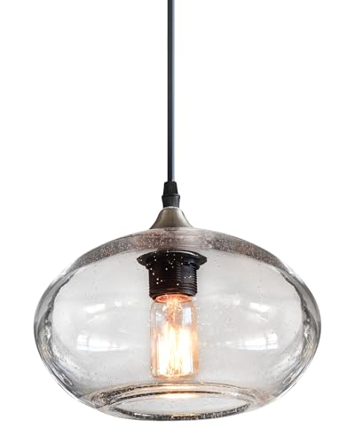 ARIAMOTION Pendant Lights Kitchen Island Hand Blown Glass Hanging Light Fixtures Modern Rustic Clear Seeded Bubble Sink Coffee Table Bedroom Dining Room Oval Lamp 9.4 inch Diam