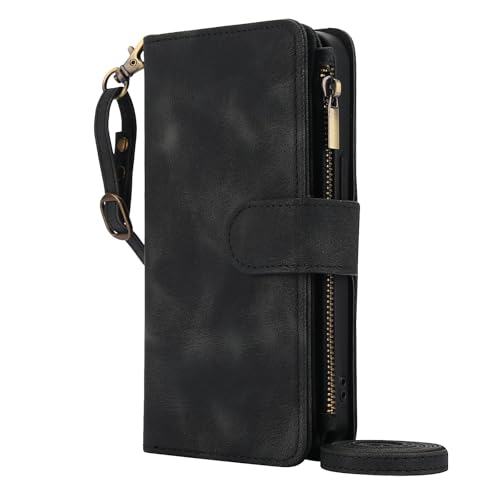 Housse en cuir Google Pixel 8 rétro noir avec fermeture éclair et sangle amovible élégante