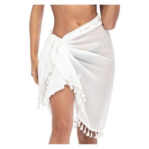 Sarong de plage blanc pour femme : jupe courte transparente à pompons