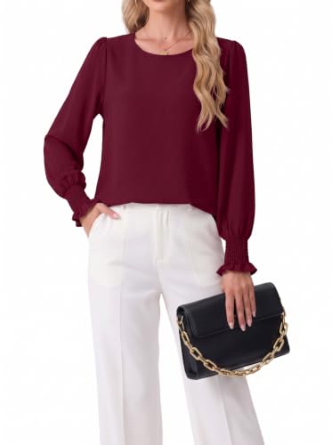 Lepunuo Blouses for Women Dressy Casual Long Length Sleeve Womens Tops with Smocked Cuffs A - Wine Red - image 2