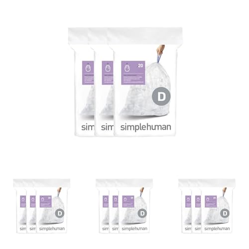 Image of simplehuman Code D Custom Fit Drawstring Trash Bags in Dispenser Packs, 60 Count, 20 Liter / 5.3 Gallon, Clear (Pack of 4)