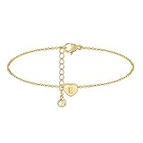 GUEMER Gold Initial Anklet for Women Tiny Heart Charm Sideways Letter E Engraved 14K Gold Plated Dai