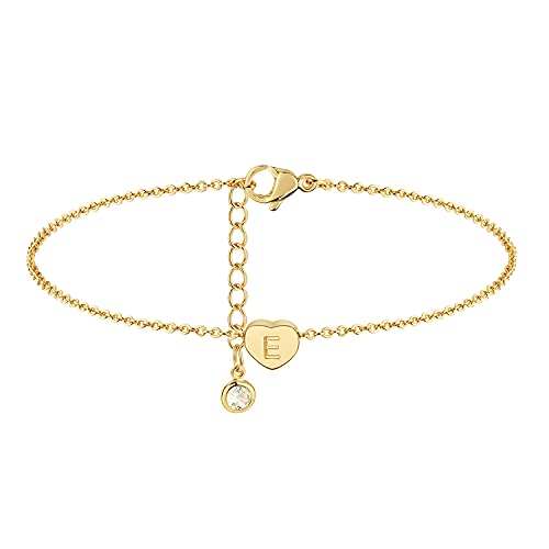 Guemer Gold Initial Anklet For Women Tiny Heart Charm Sideways Letter E Engraved 14K Gold Plated Dainty Chain Minimalist Personalized Beach Jewelry Gift #TOP6