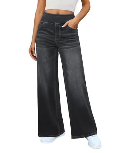 DLOODA Womens Wide Leg Jeans High Waisted Stretchy Denim Pants Elastic Waist Pull On Sweatpant Jeans Trendy Baggy Loose Dark Grey