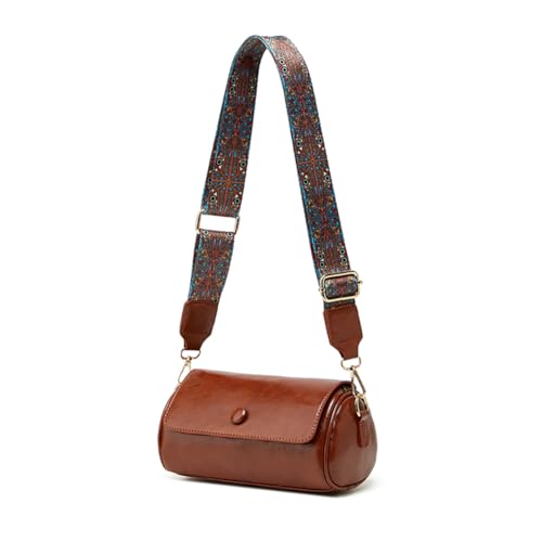 Cylinder Crossbody Bags for Women Small PU Leather Shoulder Purses Unique Design Handbags with Patterned Wide Strap3