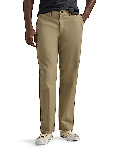 Lee Men's Flat Front Relaxed Straight Pant, Khaki, 36W x 30L