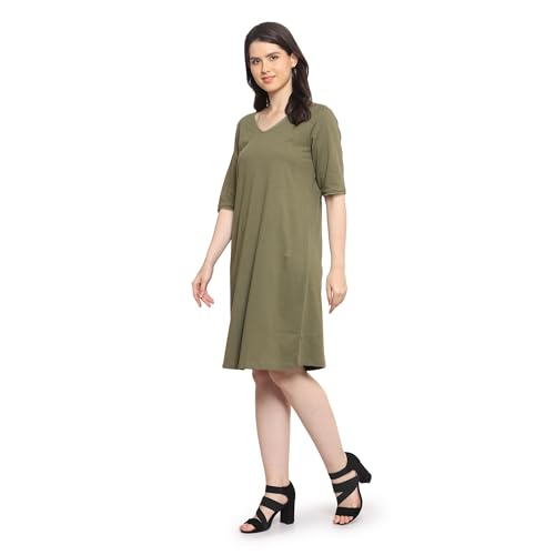 Image of Frenchtrendz Women's Cotton and Back Lace Designer V-Neck A-Line Knee Length Dress