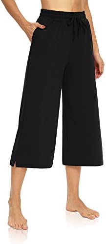 DIBAOLONG Womens Capri Pants Loose Yoga Pants Wide Leg Drawstring Comfy Lounge Pajama Capris Sweatpants with Pockets Black L