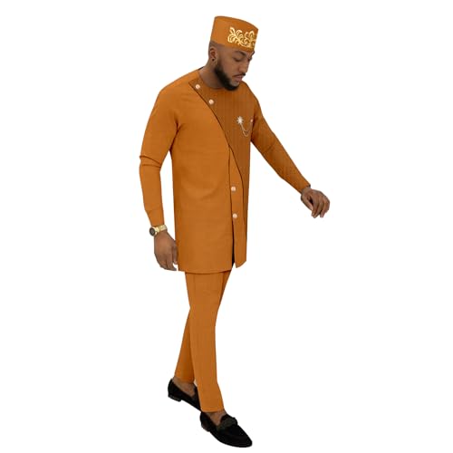 African Suits for Men Single Breasted Brooch Blazer Pant and Embroidery Hats 3 Piece Set Wedding Clothes