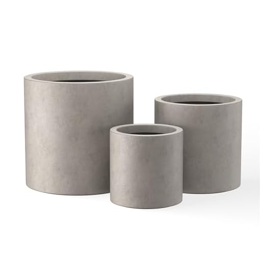 Kante 9.8",12.6",15.7" Dia Round Concrete Planter Set of 3, Modern Style Large Cylindrical Plant Pot with Drainage Hole and Rubber Plug for Indoor Outdoor Patio, Weathered Concrete