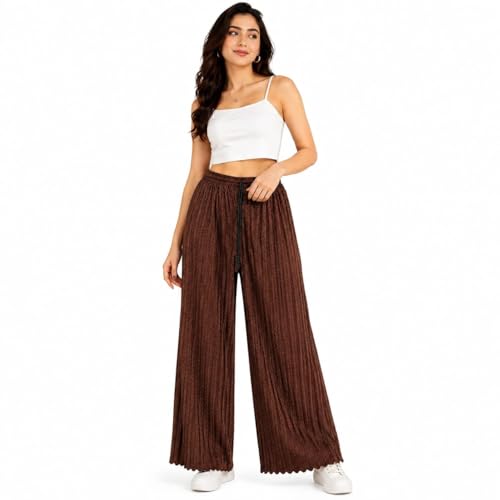 Image of Women's Textured Wide Leg Pants, Brown, Elastic Waist with Drawstring, Casual Style