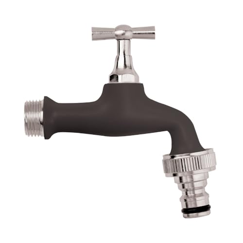 Schläfer 435720 - Auslaufventil 1/2 Zoll messing, Mattschwarz, kugelauslaufhahn - 20,95 mm 1/2 zoll - Ideal als Außenzapfstelle - Gartenarmatur verstellbar, Schwarz mit Automatikanschluss für Schlauch