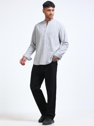 Image of StitchX Men's Seersucker Band Collar Pure Cotton Striped Kurta Shirt-S-2XL
