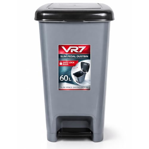 Slim Pedal Kitchen bin with Lid 60L Large Plastic Indoor/Outdoor Sanitary Garbage Clinical Waste Bin Living Room Grey Recycling Trash Garden Dustbin