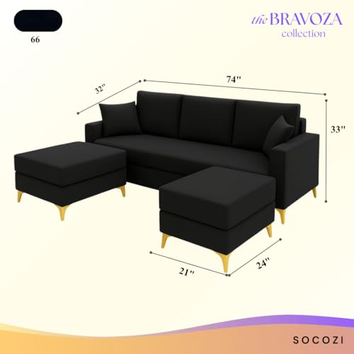 Image of SOCOZI Bravelle 5 Seater L Shape Sofa Set with 2 Movable Ottomans | Flexible Layout| Soft Velvet Suede Fabric|Modern Sofa | Plush Comfort Cushions for Living Room (Black)