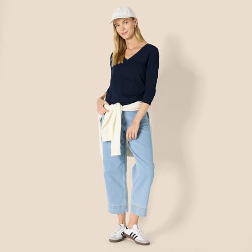 Amazon Essentials Camiseta de Cuello en V, Manga Larga, Corte Regular, 100% Algodón Mujer, Azul Marino, L