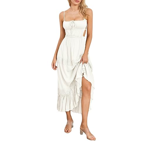 Image of Owl's-Yard Women Ruffle Spaghetti Strap Dress Sexy Backless Tiered Flowy Sundresses Boho Beach Long Dress Clubwear