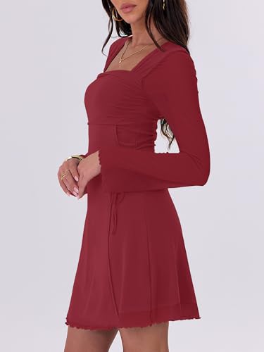 Image of Caracilia Womens Sexy Mesh Ruched Mini Dresses Long Sleeve Square Neck Tie Fall Club Party Cocktail Short Dress 2026 Fashion