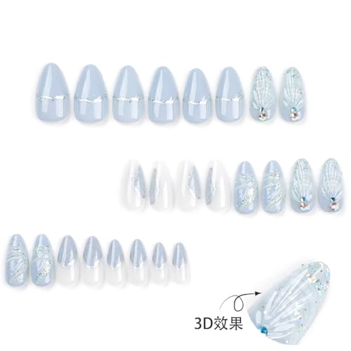 Image of Ocean Shell Press on Nails Light Blue Fake Nails Medium Almond False Nails with Rhinestone Design Glossy Glue on Nails Artificial Acrylic Nail Glitter Stick on Nails for Women Summer Manicure 24Pcs