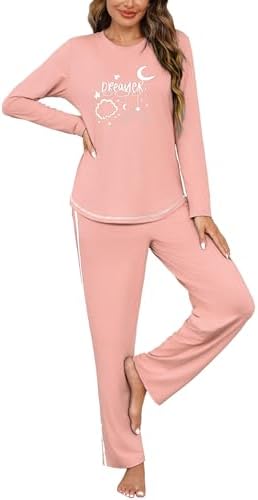 Terecey Schlafanzug Damen Lang Pyjama Set Rundhals Baumwolle Zweiteiliger | Seitentaschen, Elastischem Bund Kordelzug, Locker, Komfort Weich Atmungsaktiv, Mond Sterne Print, für Fr