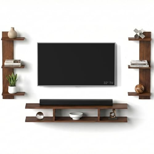 Image of Fynn Mini Wall Mount TV Unit for 42 Inch TV, Entertainment Unit Set Top Box Stand with Shelves for Books & Decor Display, Space Saving TV Panel for Living Room, DIY (Classic Brown)