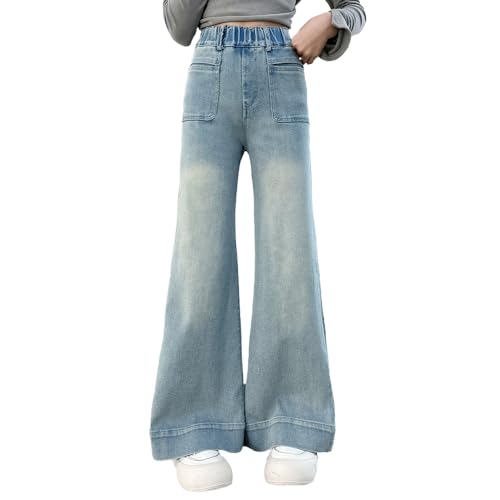 Tween Girls Baggy Jeans-Wide Leg Denim Pants with Pockets, Elastic Waistband Bell Bottom Jeans for Girls2