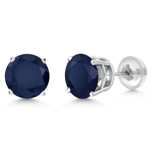 Gem Stone King 14K White Gold Blue Sapphire Stud Earrings For Women Men | 2.00 Cttw | Gemstone Birthstone | Round 6MM | Gold Earrings For Women Men3